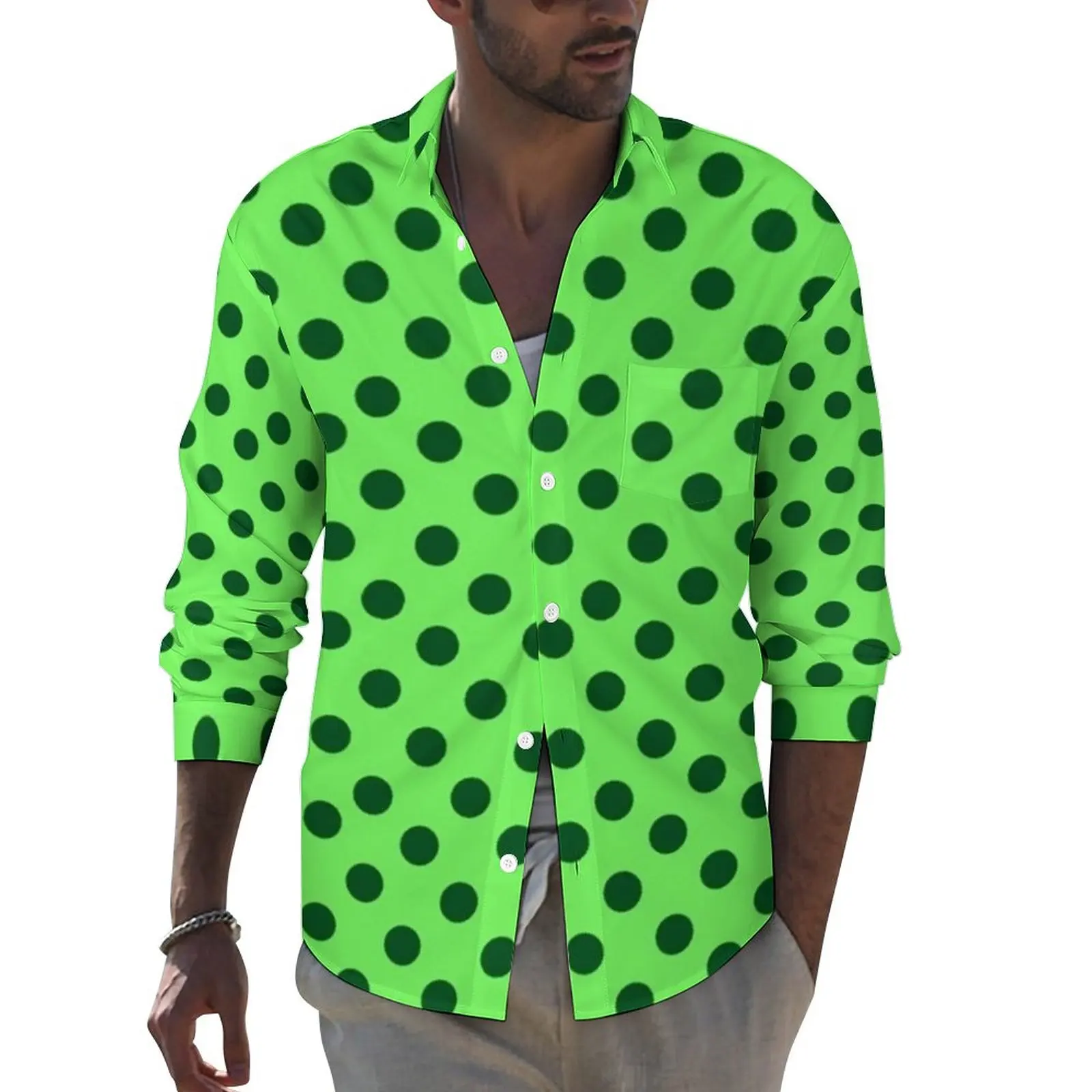 

Mint Polka Dots Shirt Spring Retro Circles Print Casual Shirts Men Loose Blouses Long Sleeve Design Street Clothes Large Size