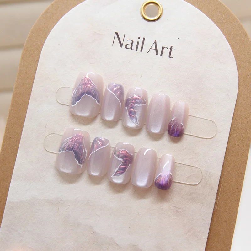 10 носимых вручную накладок для ногтей фиолетовые съемные накладки русалка