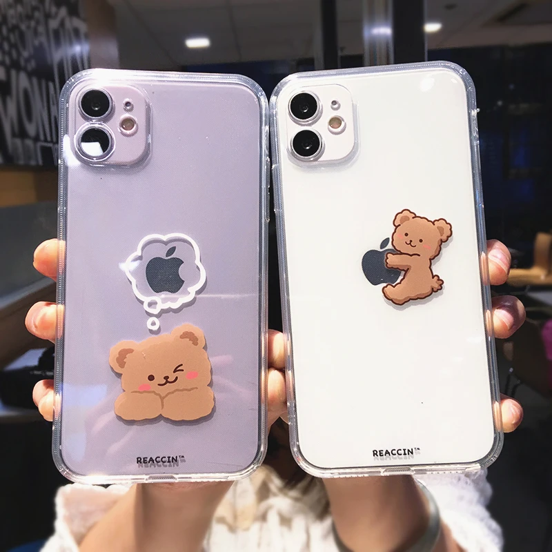 

Funny Cute Cartoon Bear Clear Phone Case For iPhone 13 Pro Max 12 Mini 11 X XS XR 7 8 Plus Animal Couple Transparent Soft Cover