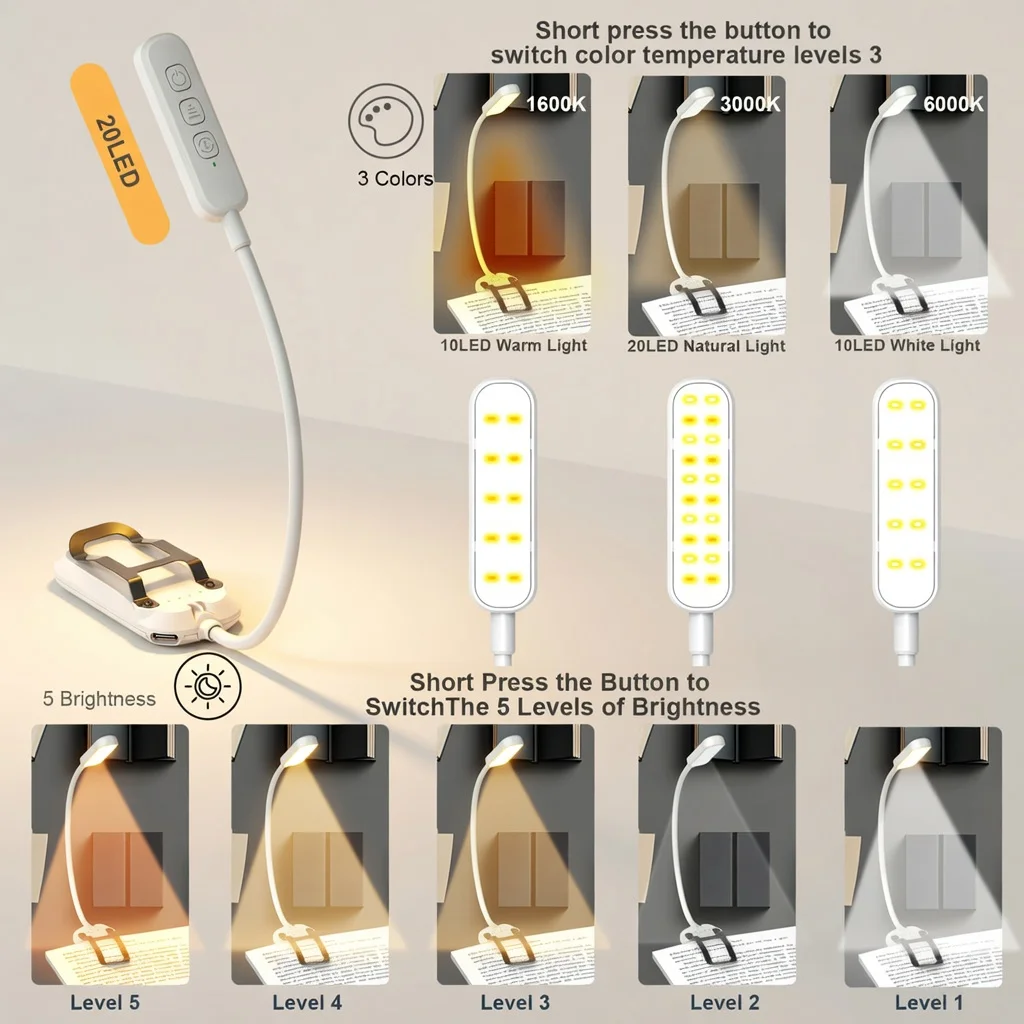 Фото 20 светодиодных ламп для чтения с USB-подзарядкой, 3 цвета и 5 уровней яркости, портативная гибкая лампа с удобным креплением для книг в постели. №3