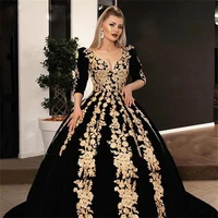 black moroccan caftan evening gown satin a line elegant long gold appliques prom dress marocain kaftan vestidos de noche