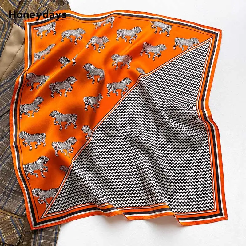 

Classic 100% Mulberry Silk Scarf for Women Horse Print 53cm Square Silk Scarves Ripple Twill Neck Muffler Orange Bandanna Gift