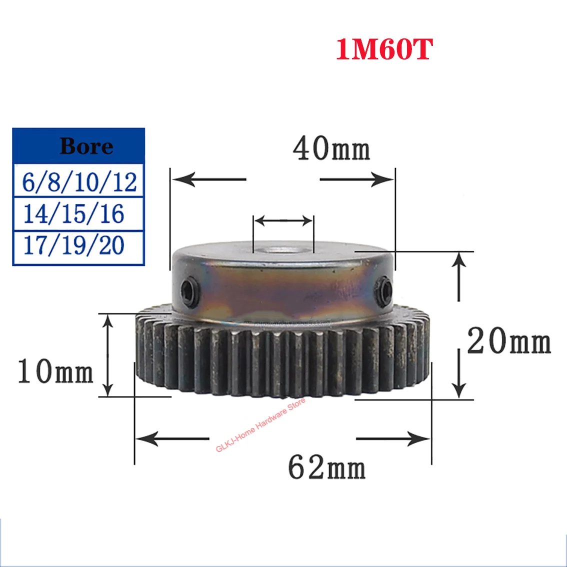 

1Pcs 1M 60T 45# Steel 1 Module Spur Gear Motor Gear Blackening Mechanical Transmission Gear Bore 6/8/10/12-25mm