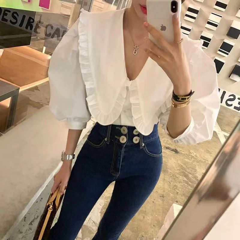 

Women Tops Temperament Ruffles Peter Pan Collar Blouses Shirts Puff Sleeve Sweet Chic White Blusas 2023 Ropa De Mujer