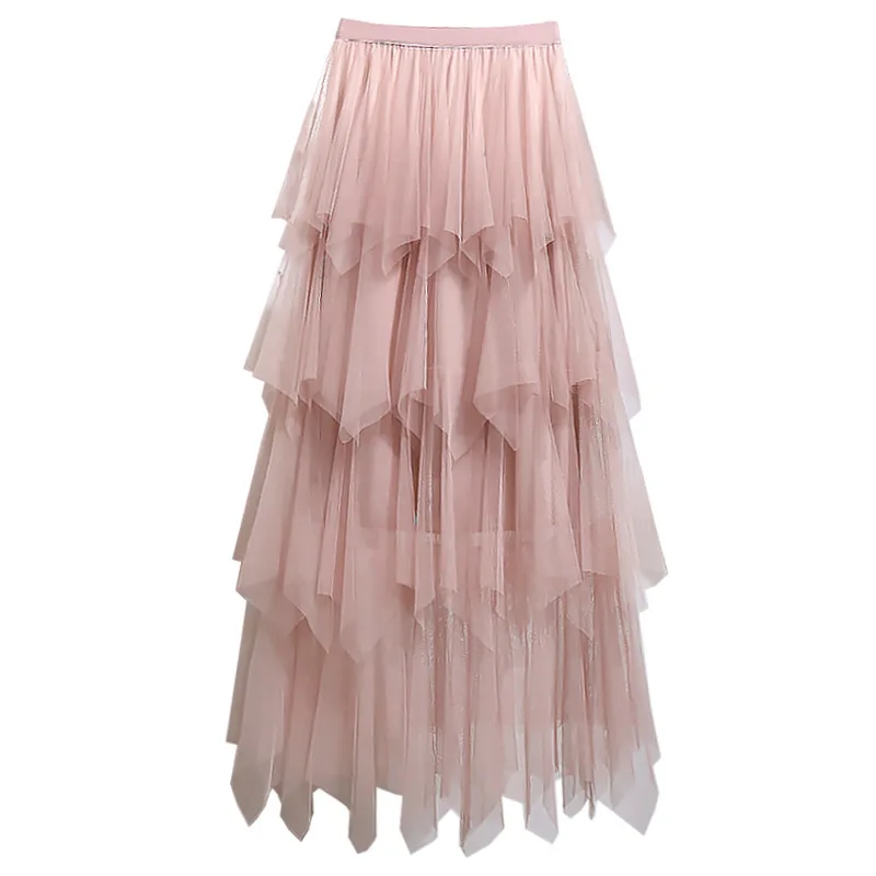 

Женская плиссированная юбка-пачка с высокой талией, черная или розовая длинная юбка-макси из тюля в сетку, весна-лето 2020
