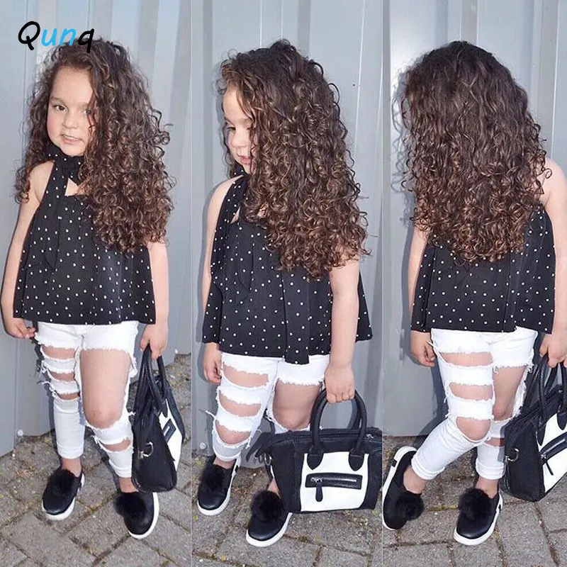 

Qunq 2023 Summer New Fashion Girls Sleeveless Polka Dot Strapless Top + Ripped Pants 2 Pieces Set Casual Kids Clothes Age 3T-8T