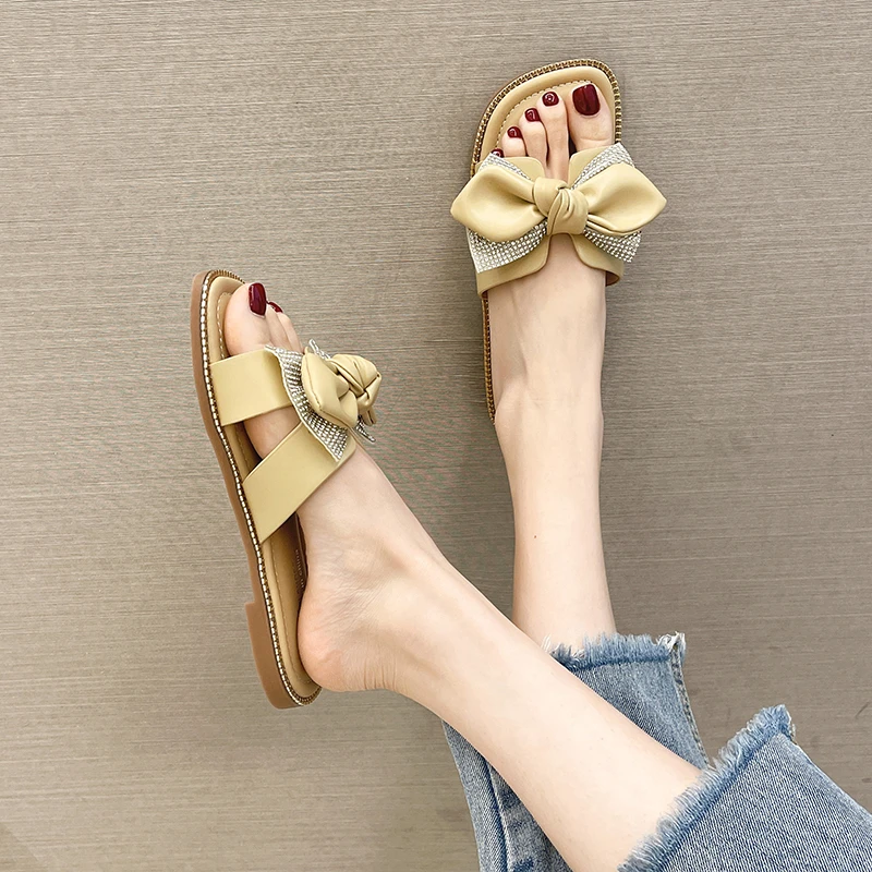 

Bowknot Rhinestone Open Toe Sexy Slippers Female Summer Outwear New Fashion Fairy Style Shallow Mouth Solid Flat Shoes Female