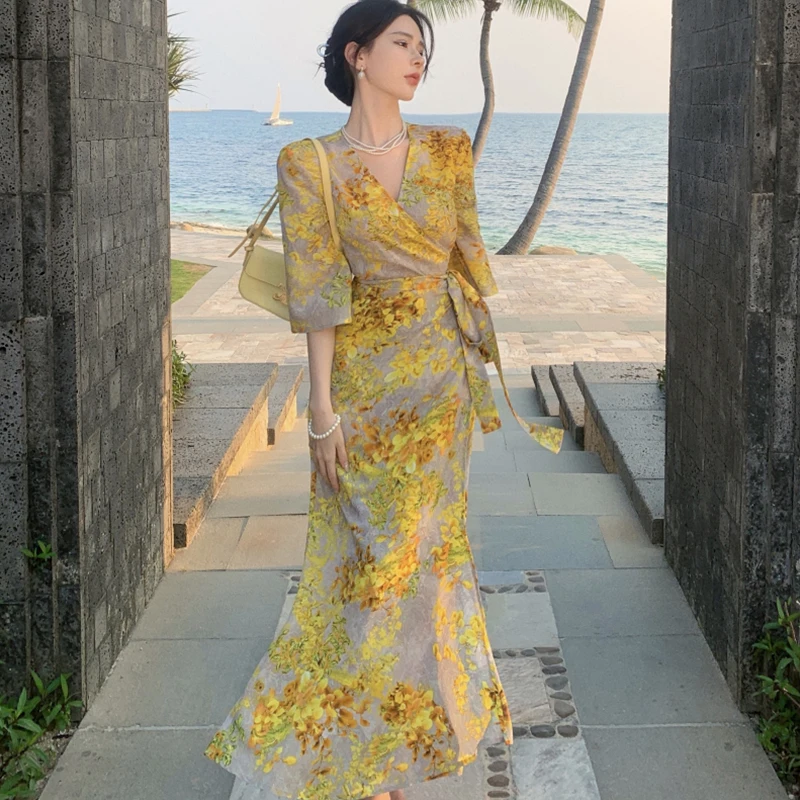 

Elegant Party Dresses For Women 2023 Luxury Gold Floral Printing Summer Holidays Beach Long Soft Dress Fashion Evening Robe