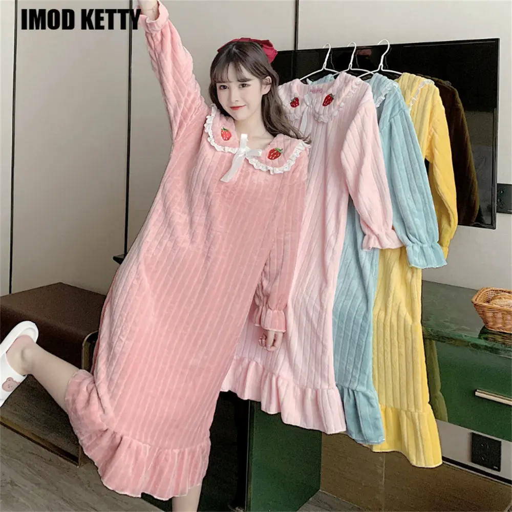 

Autumn Winter Women Print Over Knees Nightgown Coral Fleece Cute Long Sleeve Lace Sleepshirt Baggy Comfortable Casual Homewear