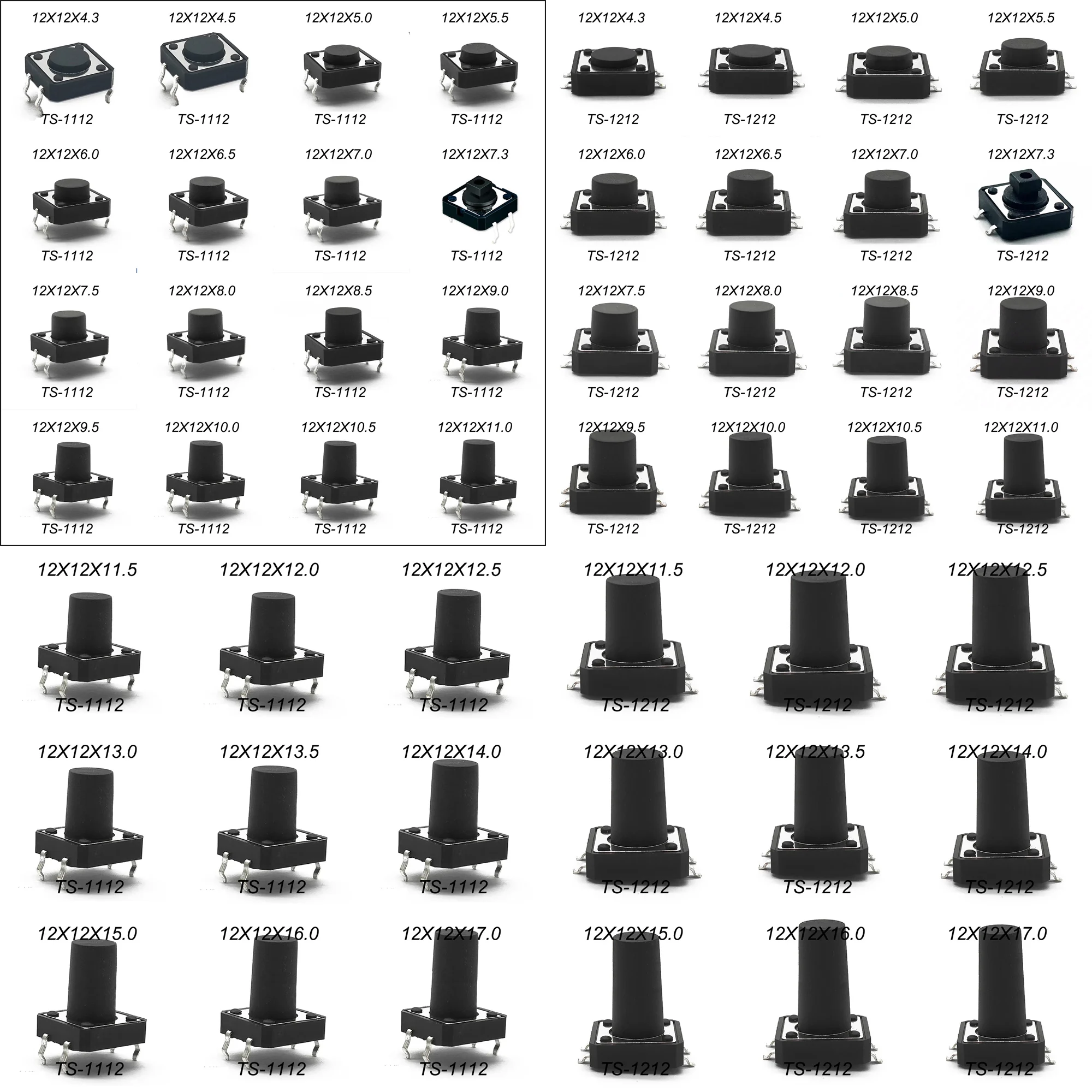 10/30PCS 2Types 12X12 H=4.3/4.5/5/5.5/6/7/8/9/10/11/12/13MM 4PIN DIP SMT Momentary Tactile Tact switch Push Button Switch Black