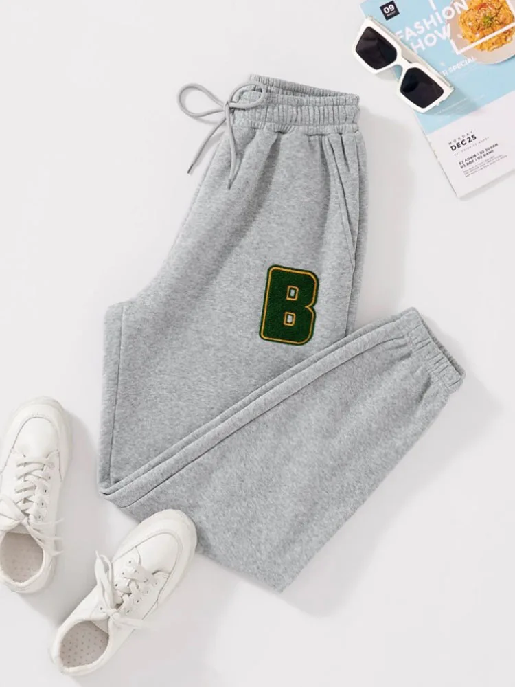 

Winter Cotton Trousers Letter Patched Detail Elastic Waistband Drawstring Waist Teddy Lined Sweatpant Y2k Clothes Hip-hop Street