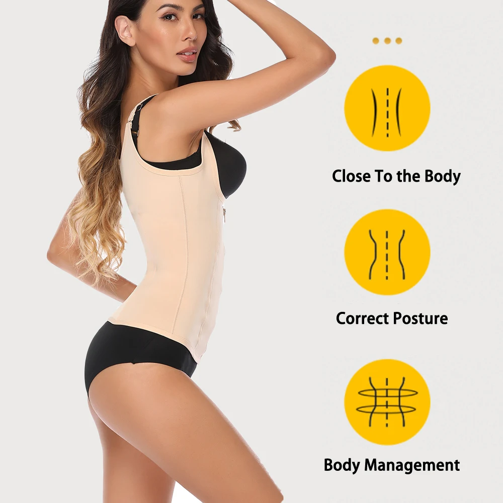 Waist Trainer Women Cincher Corset Vest Trimmer Body Shaper Shapewear Sports Girdle Sweat Belt Tank Top with Strap Zipper Daily