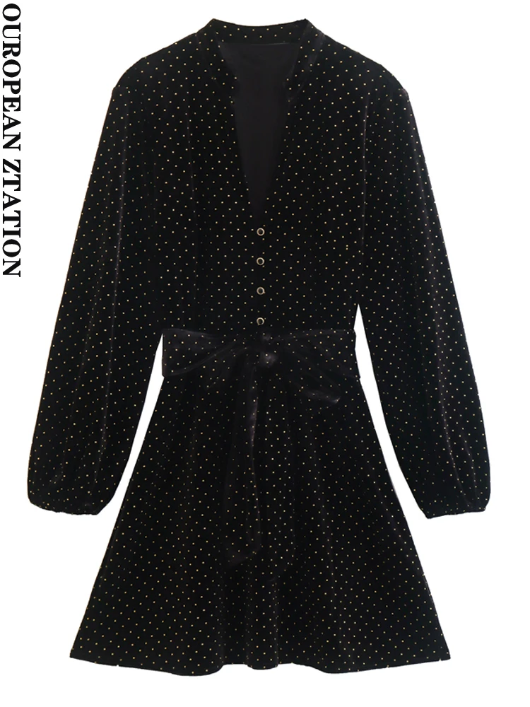 

Женское бархатное мини-платье PAILETE с поясом, винтажное платье с V-образным вырезом и длинным рукавом, 2022