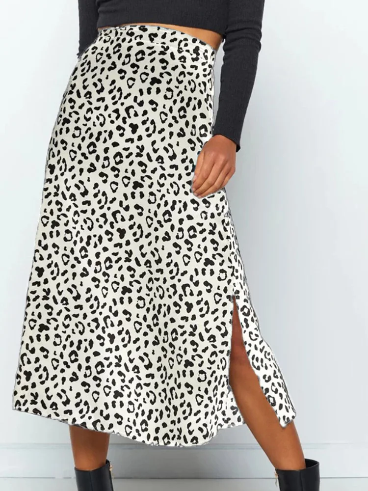2023 New Summer Fashion Long Skirts for Women Sexy Leopard Print Chiffon Split Casual Spring Zipper White Black Green