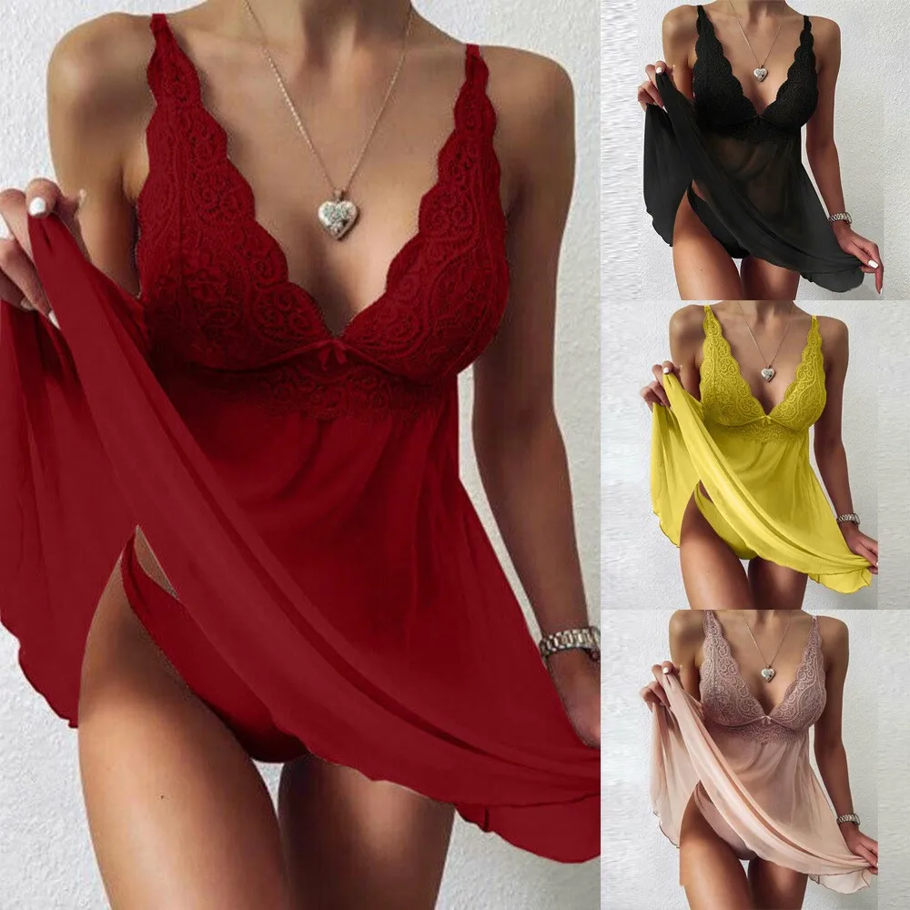 

2022 Sexy Sleepwear Deep-V Night Dress Women Sleeping Nightgown Red Lace Nightie Lingerie Sleeveless Mini Dress Homewear