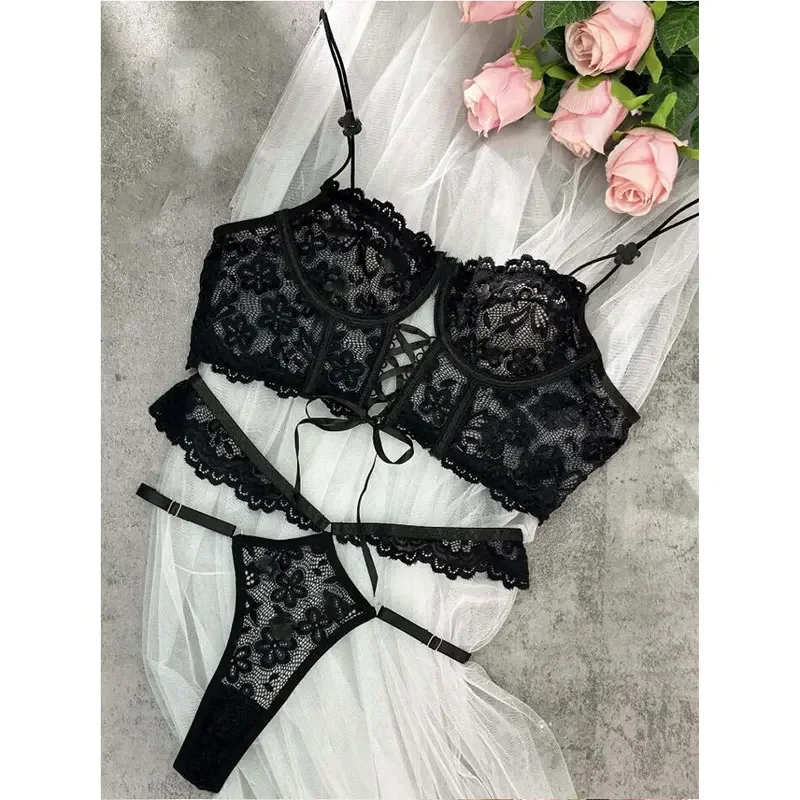 Bra Brief Sets Female Transparent Sexy Romantic Lingerie Black Lace Underwear Flowers Sensual See Through Erotic
