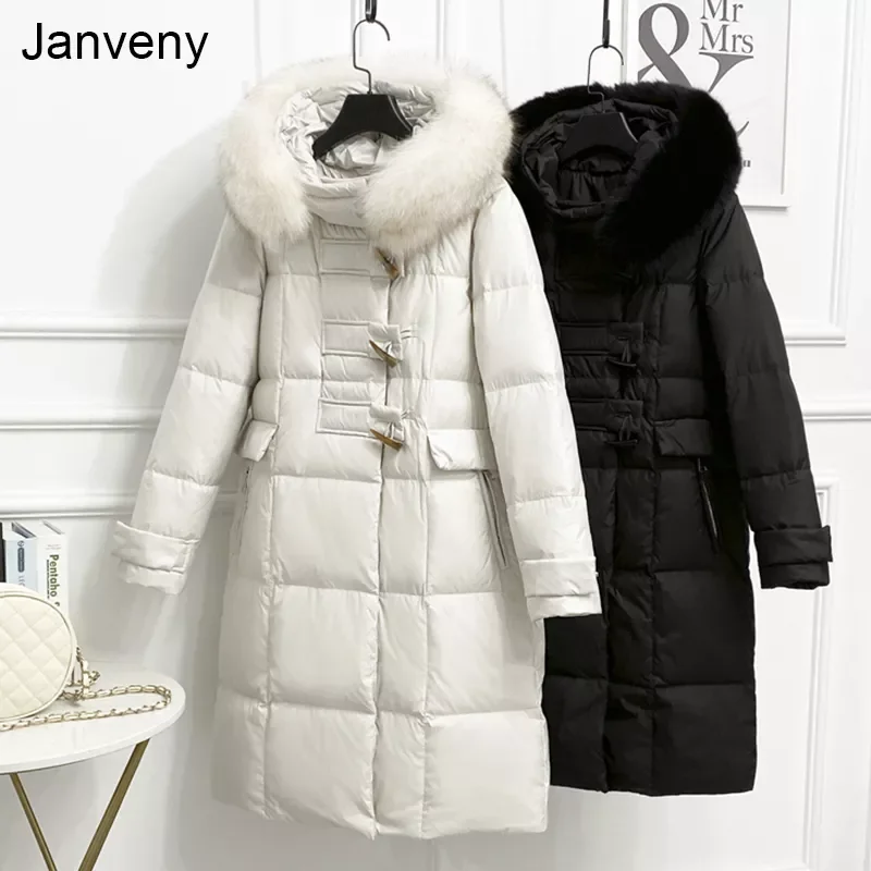 2022NEW 2021 Winter Large Fur Collar Straight Hooded Feather Jacket Women Horn Buckle Vintage Thick 90% White Duck Down Coat