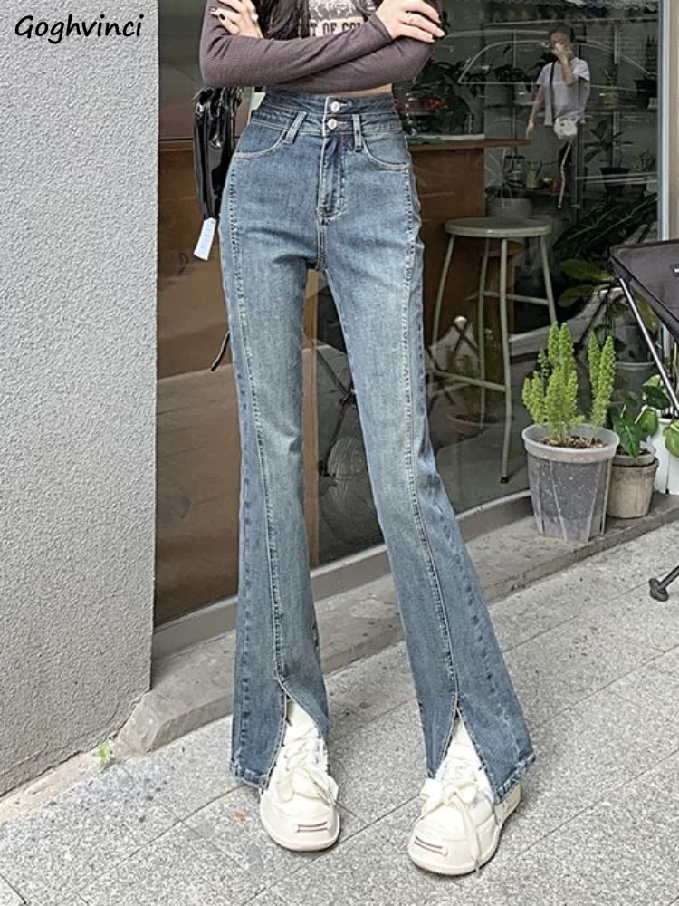 

Flare Jeans Women S-5XL Streetwear Slit Washed Bleached Vintage College Simple All-match Korean Style Personality Chic Fashion