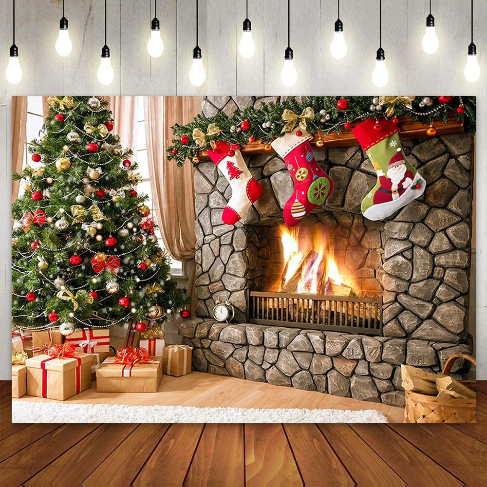 Merry Christmas Backdrop Interior Fireplace Photo Xmas Tree Photography Background Party Wall Decor Banner for Kids Family Shoot