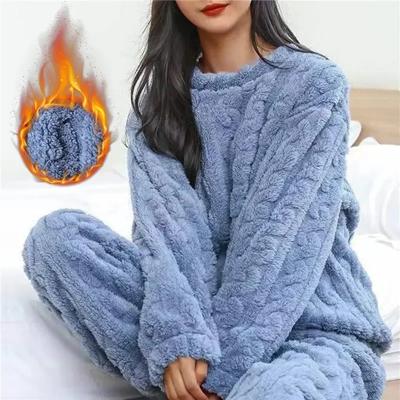 

Pajamas Winter Sleepwear Sets Solid Warm Flannel Women Sleeve Velvet Pyjamas Coral Homewear Flannel Thick Long Autumn Jodimitty