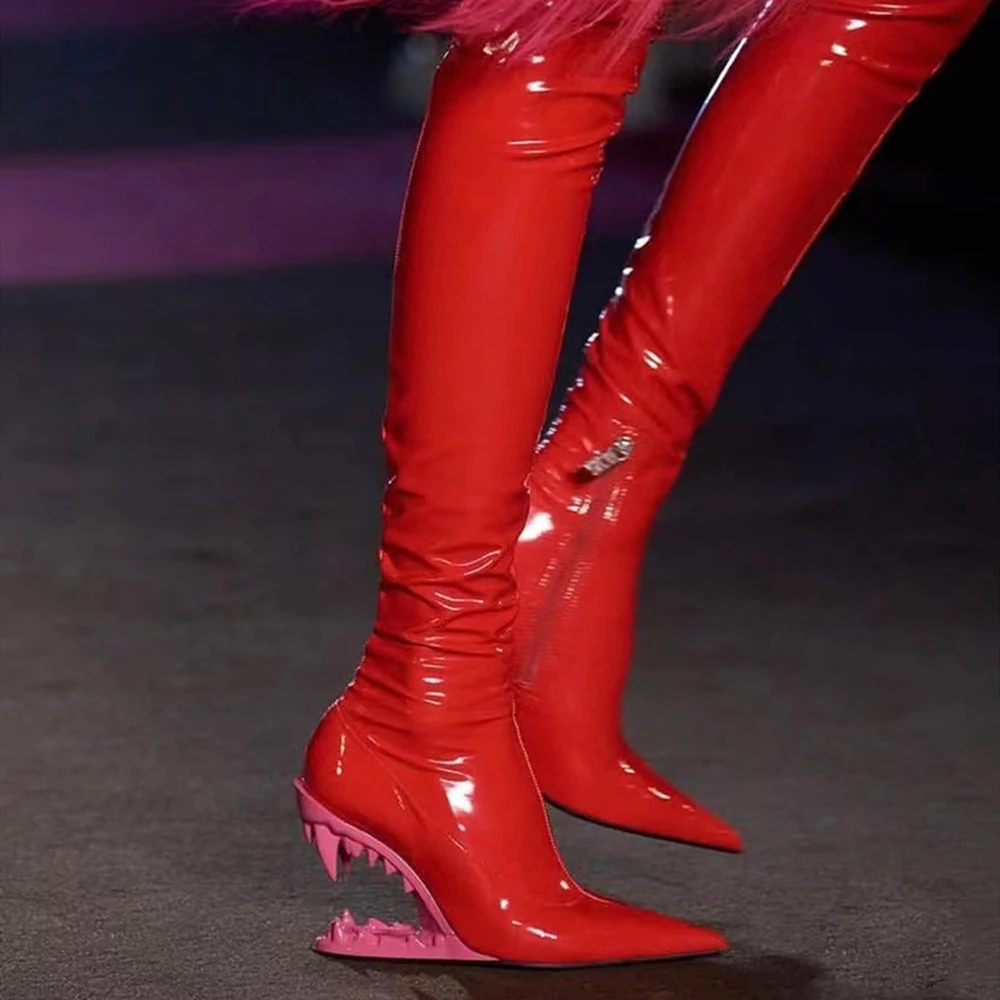 Lacquer Leather Special-Shaped High Heel Giant Teeth Tiger Heels Pointed Over-The-Knee Boots Large Women's Shoes Fashion Boots