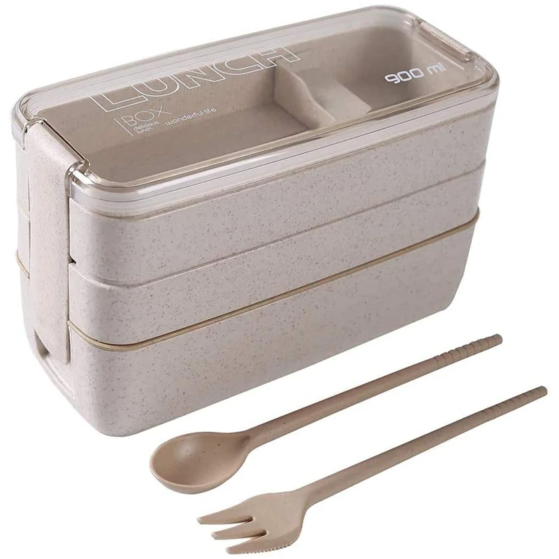 

Japanese Lunch Box Bento Box 3-In-1 Compartment Wheat Straw Eco-Friendly Bento Lunch Box Meal Prep Containers Beige