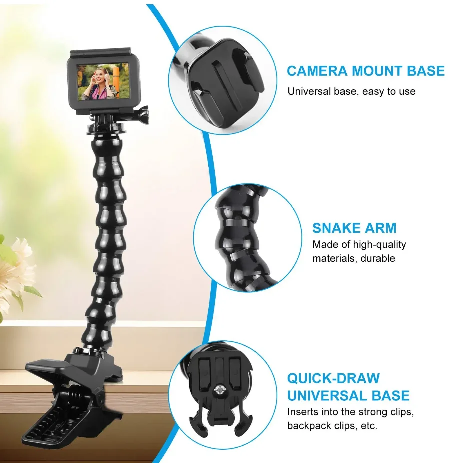 Фото TELESIN Jaw Flex Clamp Гибкое крепление на гибкой шее + зажим для телефона для камеры Insta360 Ace AcePro Gopro Hero 13 12 11 10 DJI 5pro 4 3 №2