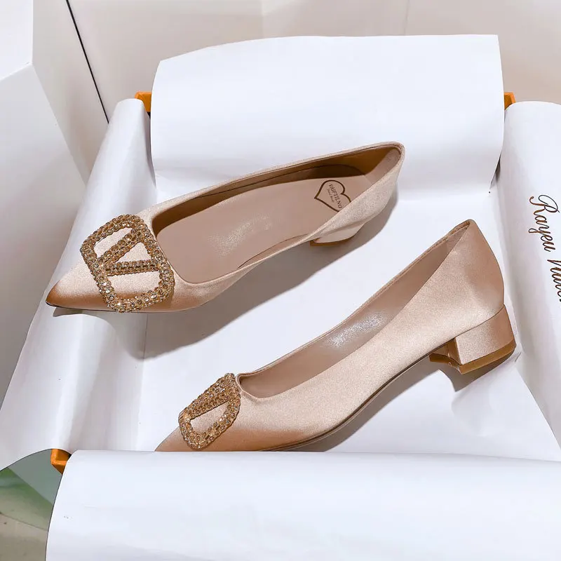 Elegant Woman Shoes With Low Heel 2023 Brand High Heels Metal Button Heels For Women Comfortable Pumps Pointed Toe Ladies Shoes