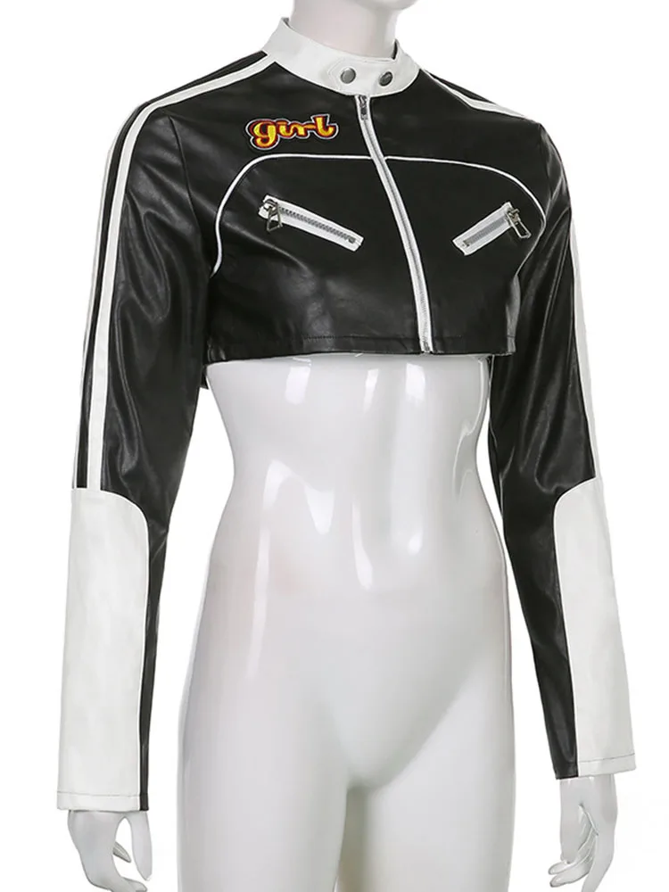 Женская куртка на молнии укороченная из искусственной кожи контрастных цветов в