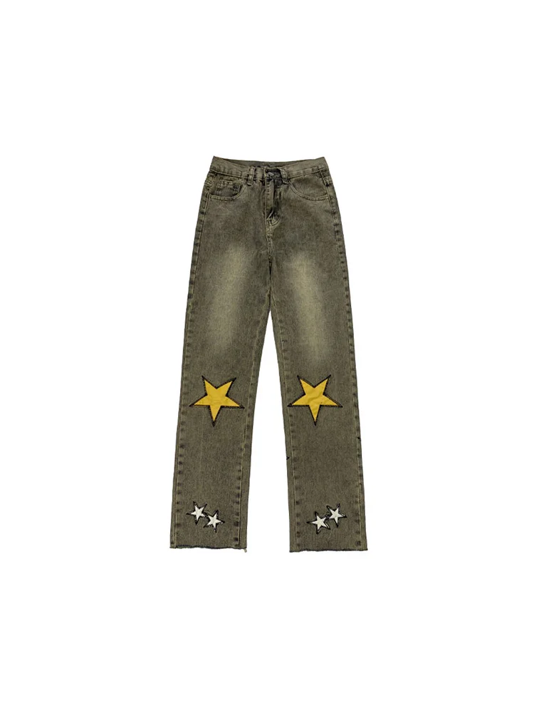 

Женские джинсы с широкими штанинами, винтажные прямые брюки со звездным принтом, Мешковатые повседневные уличные джинсовые брюки с высокой...