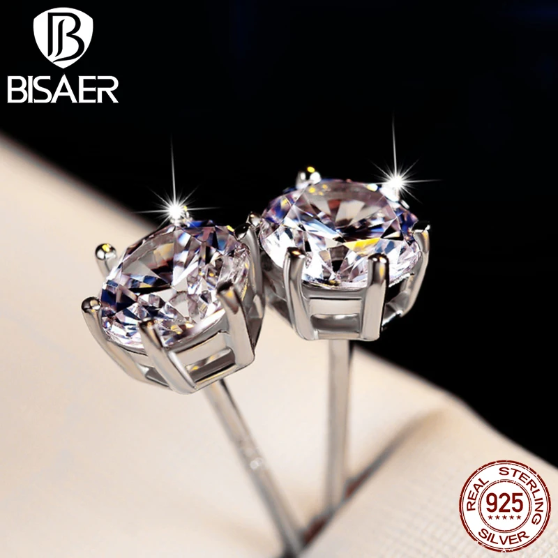 

BISAER 925 Sterling Silver Shining Zircon Stud Earrings Six Prong Round Platinum Plated Cubic Hypoallergenic Ear For Women