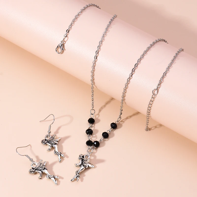 

Fashion Pendants Angel Drop Earrings Necklace Set Charm Black Onyx Bead Chain Gold Color Wedding Banquet Ladies Jewelry Set Gift
