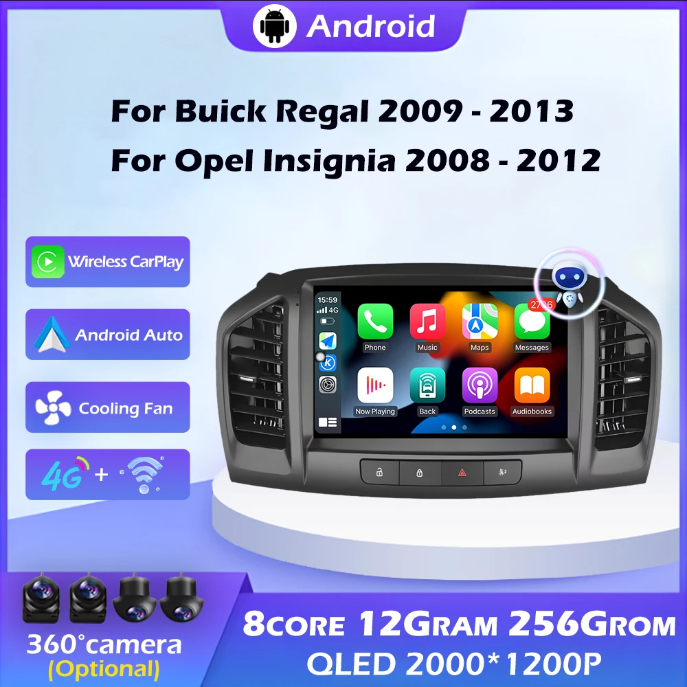 Фото Беспроводной CarPlay для Buick Regal 2009-2013, для Opel Insignia 2008-2012, WiFi, Android 14, автомобильная магнитола, WIFI, навигация, GPS, BT, 9 дюймов №1