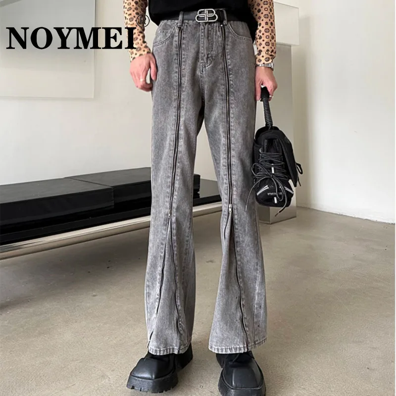 

NOYMEI Men's Retro High Street Niche Zipper Design American Style Micro Flared Jeans Trendy Straight Grey Pants Spring WA1515