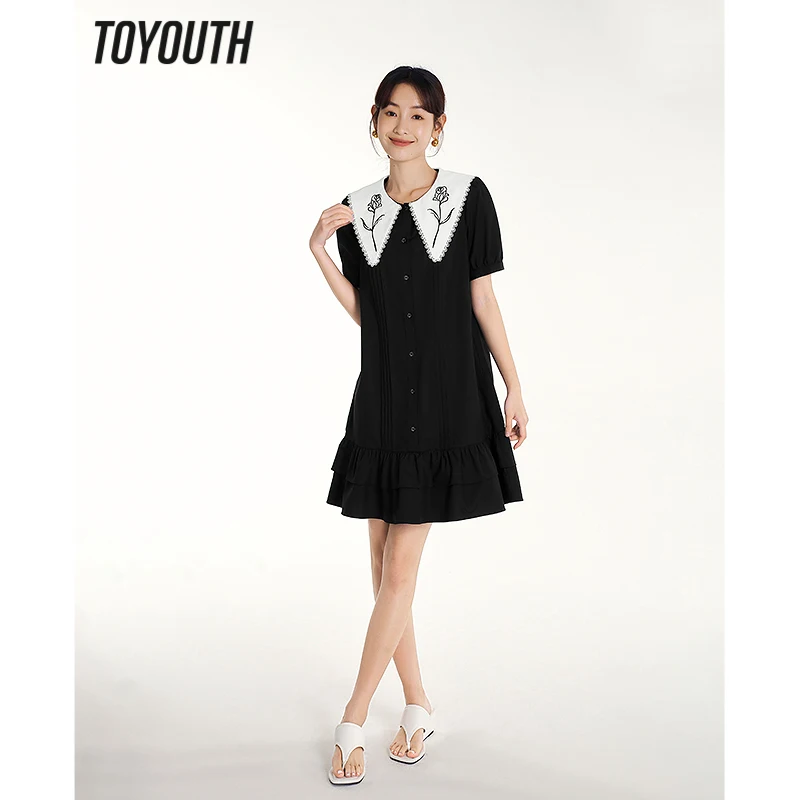 Toyouth Women Dress 2023 Summer Short Sleeve Lace Rose Embroidered Doll Collar H-shaped Pure Cotton Pleated Skirt