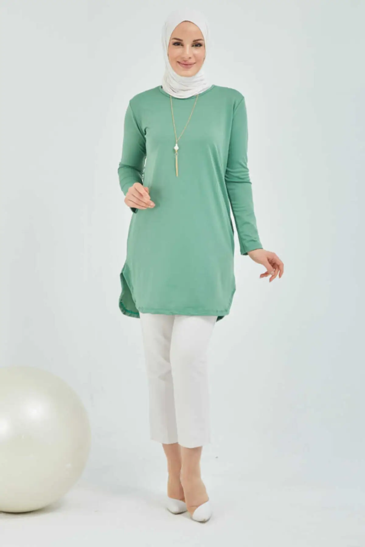 

Women's Water Green Tunic Neckleces of Hijab Muslim Tunic 2021 Fashion