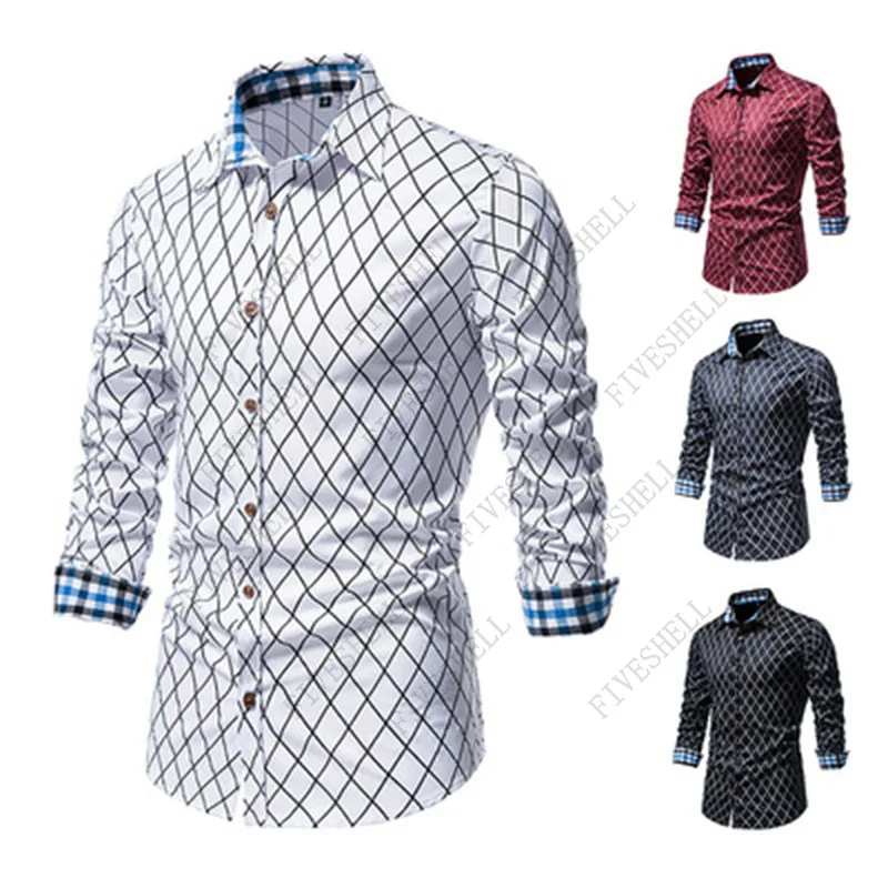 2023 Mens White Plaid Long Sleeve Dress Shirts Slim Fit Button Up Shirt Men Formal Business Work Casual Chemise Homme XXL