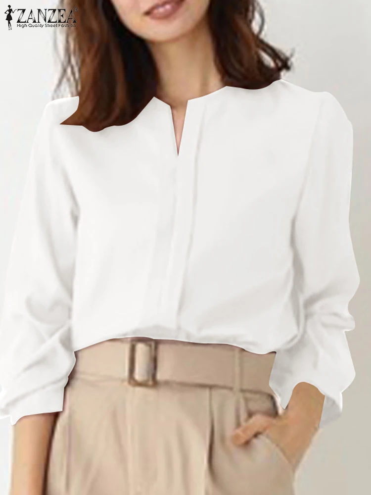 

2022 Стильная Женская Офисная рубашка ZANZEA, повседневная офисная блуза, женские вечерние туники, осенняя элегантная однотонная блузка с длинн...