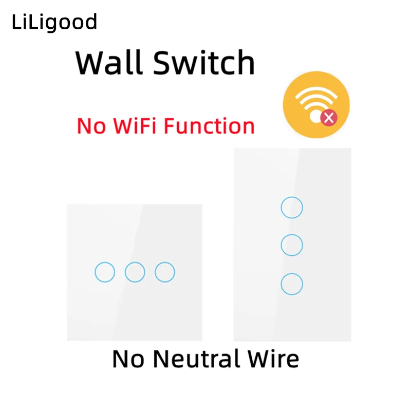

LiLigood Smart Touch Switch Light 100-250V No Neutral Wire Wall Supply Glass Screen Panel Electric On OFF Control LED Lamp