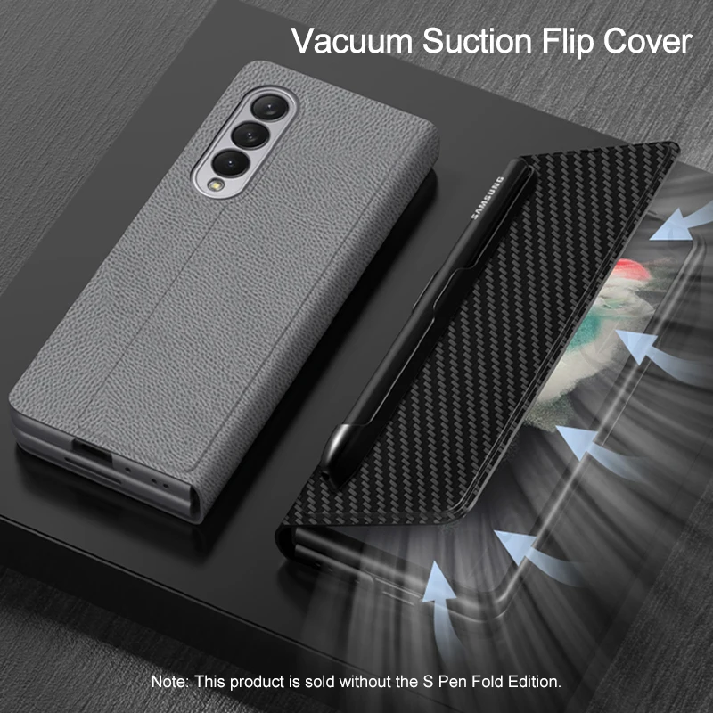 Suitable for Samsung fold3 phone case folding screen pen slot creative plain leather full cover flip leather case anti drop case
