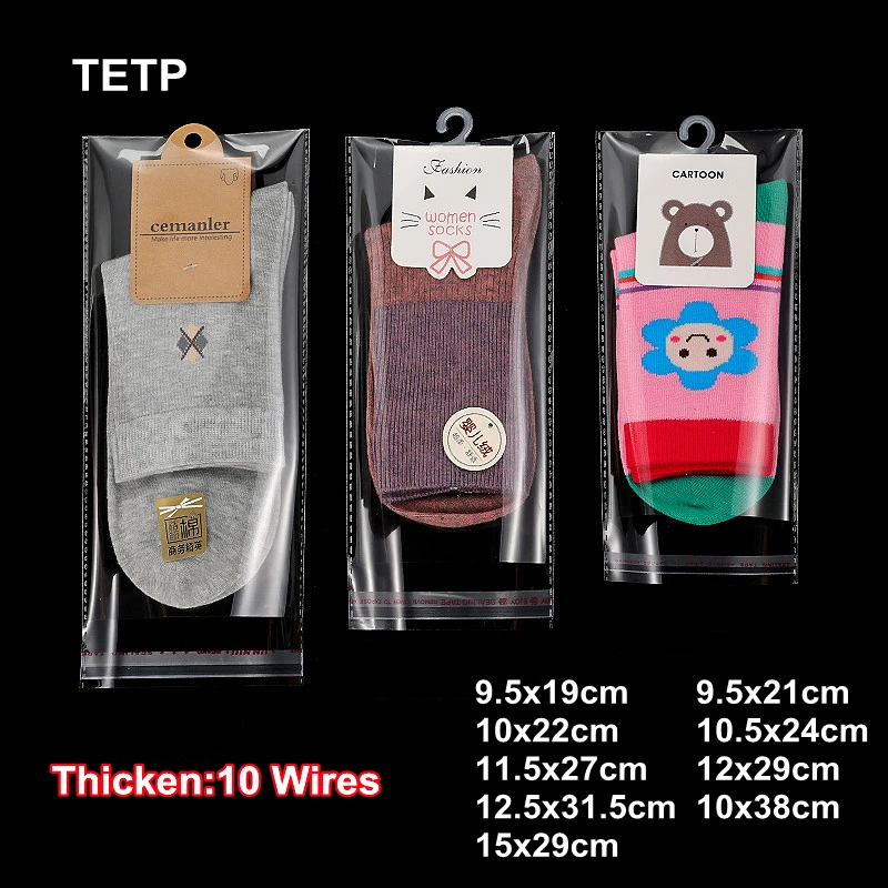 TETP 100Pcs Socks Packaging Self Adhesive Bags Adult Children Autumn And Winter Stocking Storage With Semicircle Hanging Hole