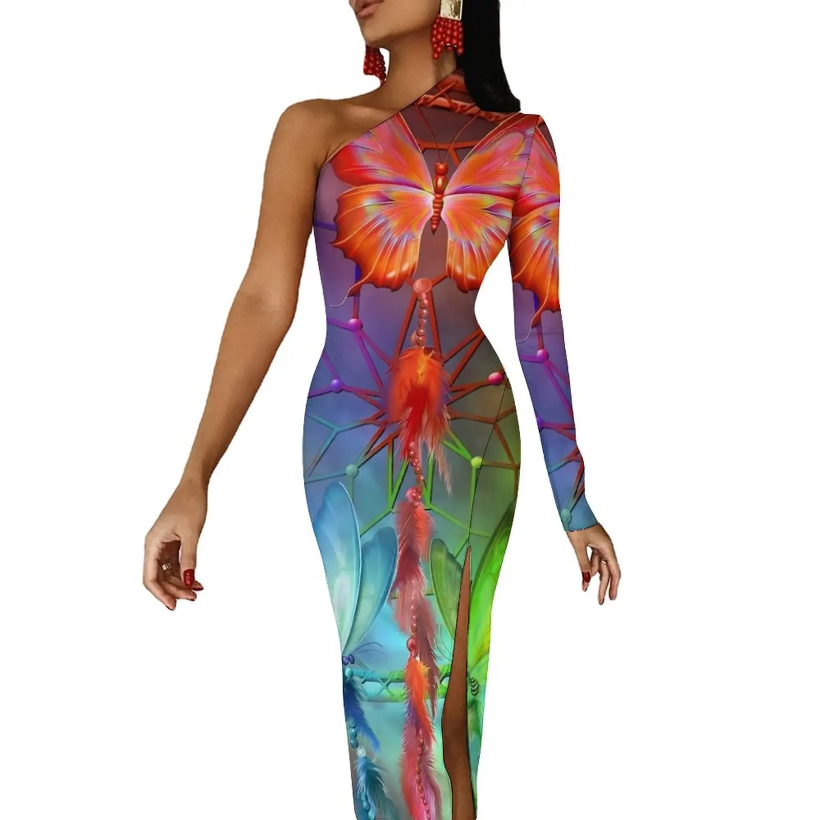 

Dream Catcher Long Dress Womens Rainbow Dreams Streetwear Maxi Dress Summer Elegant Bodycon Dresses Side Split Design Clothing