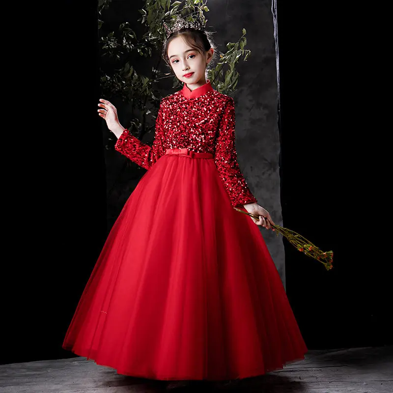 

Простое бальное платье красного цвета с высоким воротом и длинными рукавами, элегантные Детские праздничные платья до пола для причастия, п...