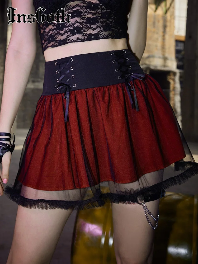 

InsGoth Gothic Aesthetic Lace Trim Mesh Pattern Red Skirt Lace Up Eyelet Pleated High Waist Skirt Harajuku Party Wedding Skirt