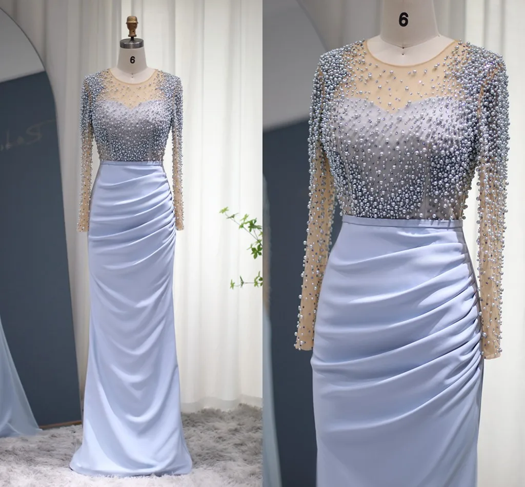 

Blue Mermaid Arabic Evening Dresses Dubai Luxury Pearls Crystal Long Sleeves Muslim Prom Formal Dress for Women Robe De Soiree