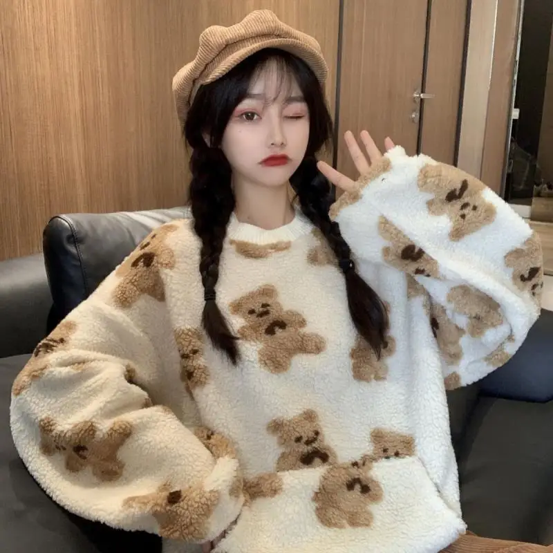 

Female New Student Tide 2023 Korean Thickening Bear Lamb Wool Ins Spring Fall Y2k New Loose Pullover Long Sleeved Indie Hoodies