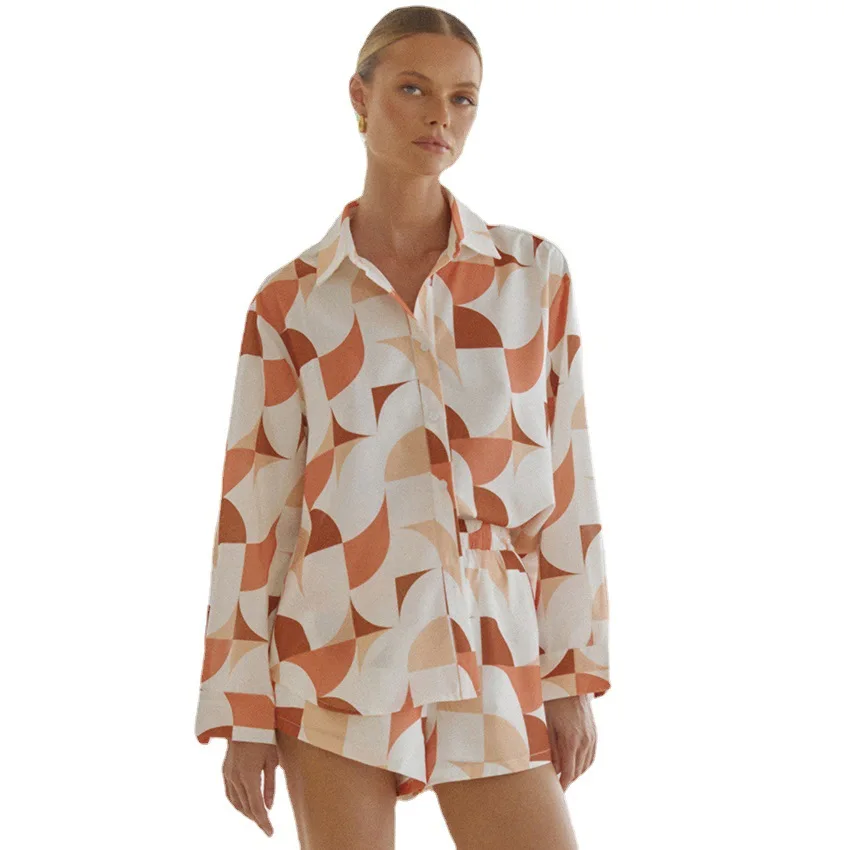 Autumn Long Sleeve Printed Pajamas Silk Satin Pajama Set Two-piece Pj Sets Wholesale Loose Shirt Shorts Home Clothes Sleepwear