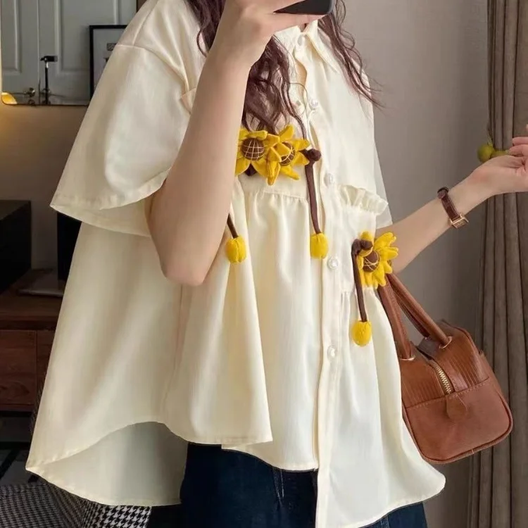 

Korean Sweet Lapel Neck Sunflower Shirts Women Summer Grunge Short Sleeve Blouse Y2k Aesthetics Loose Irregular Blusas Mujer