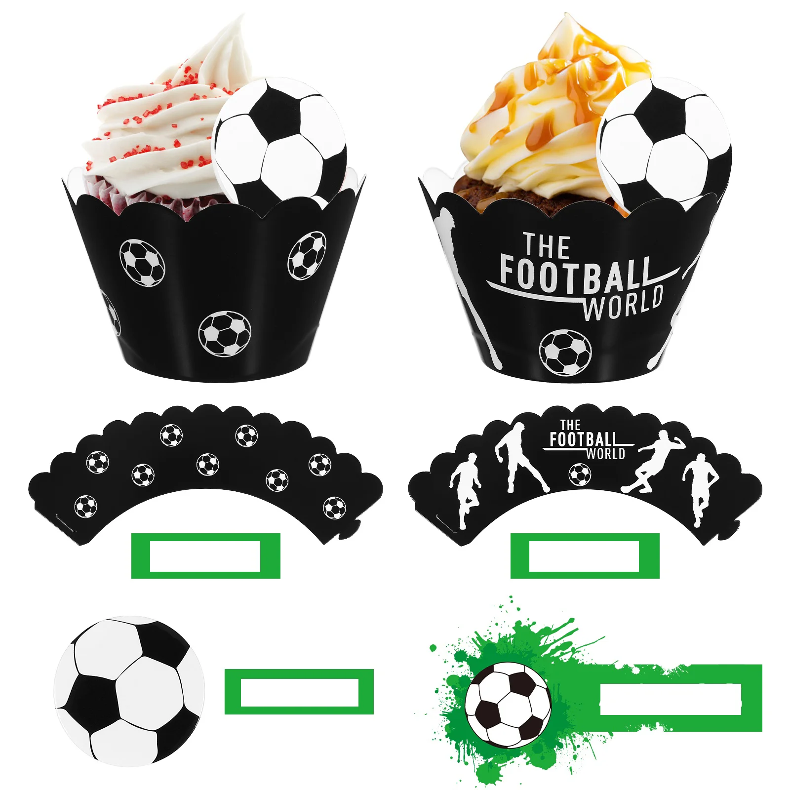 

Cupcake Wrappers Toppers Set, Soccer Cupcake Decor Creative Dessert Wrappers Sports Style Set for Party Favor 48pcs