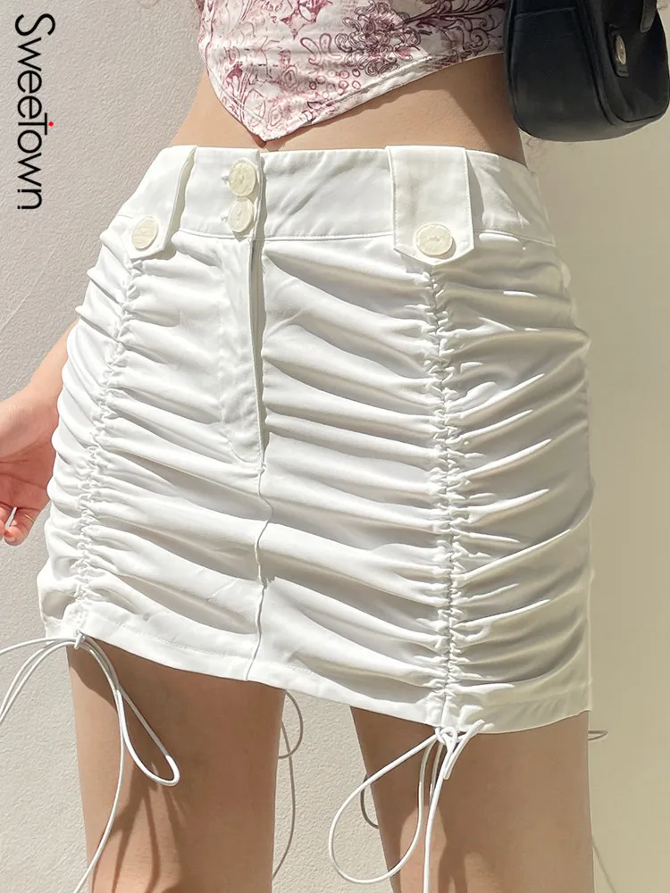 

Sweetown White Solid Ruched Bandage Y2K Short Skirts Womens Summer 2022 Vacation Outfits Preppy Style Low Waist Pencil Skirt